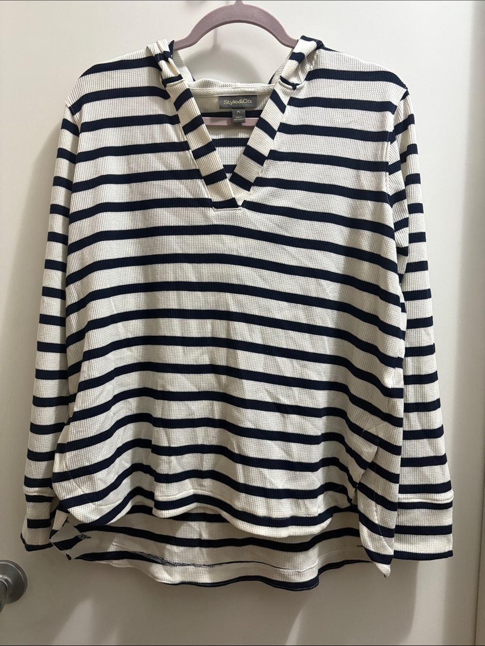 Style & Co. Navy and White Striped V-Neck Hooded Long Sleeve Top